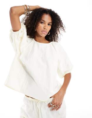Asos Design Puff Sleeve Raglan Blouse In Ecru - Part Of A Set-white