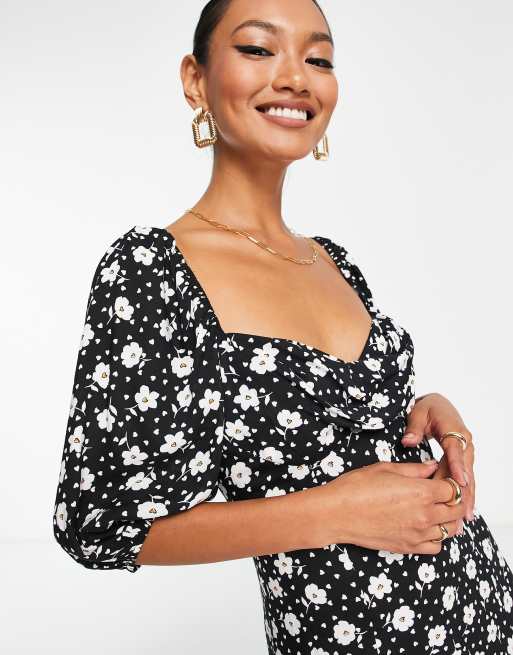ASOS DESIGN puff sleeve ruched bust midi split dress in mono floral and heart print, 2 of 4
