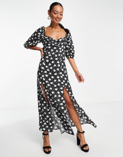 ASOS DESIGN puff sleeve ruched bust midi split dress in mono floral and heart print, 3 of 4