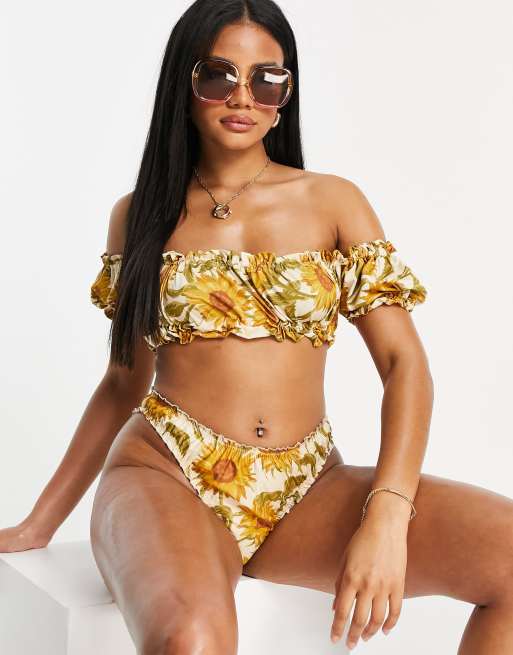 ASOS DESIGN puff sleeve ruched crop bikini top in sunflower print