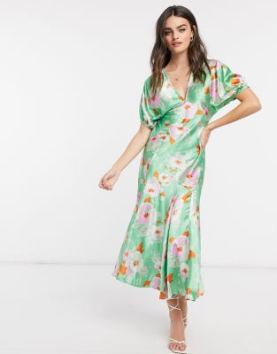 ASOS DESIGN puff sleeve satin maxi tea dress in green floral print | ASOS