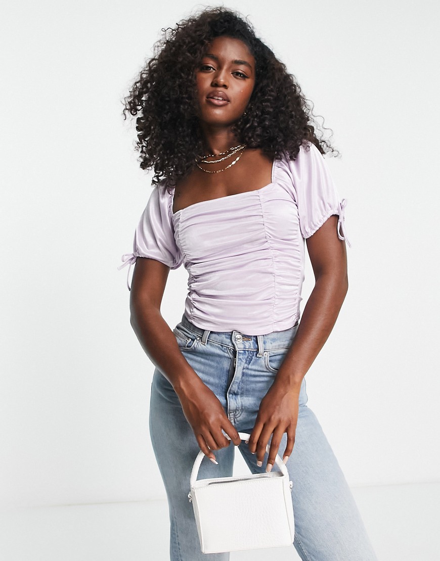 ASOS DESIGN puff sleeve satin ruched front top in lilac-Multi
