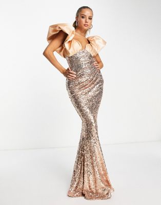 ASOS DESIGN puff sleeve satin sequin maxi dress in rose gold | ASOS