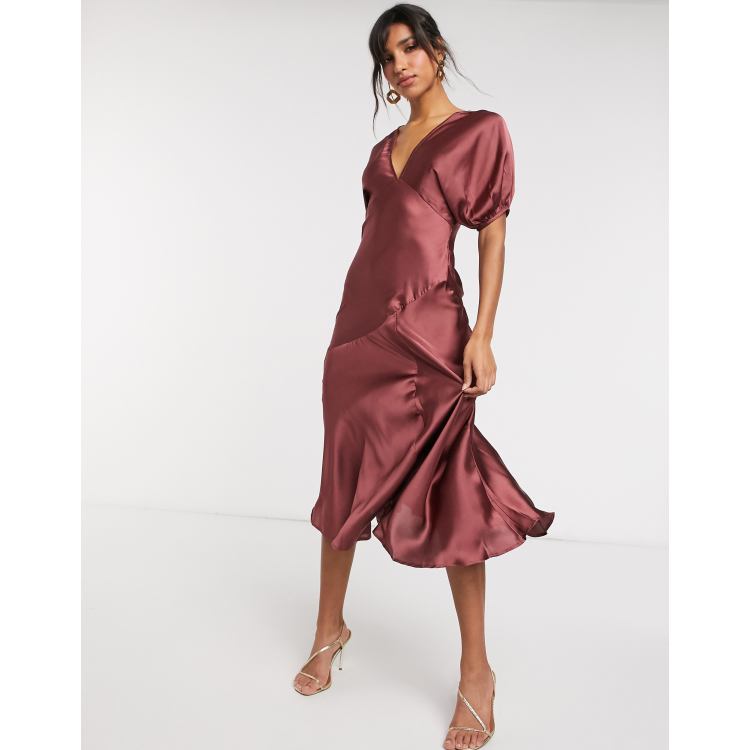 ASOS DESIGN puff sleeve satin tea dress in mocha | ASOS