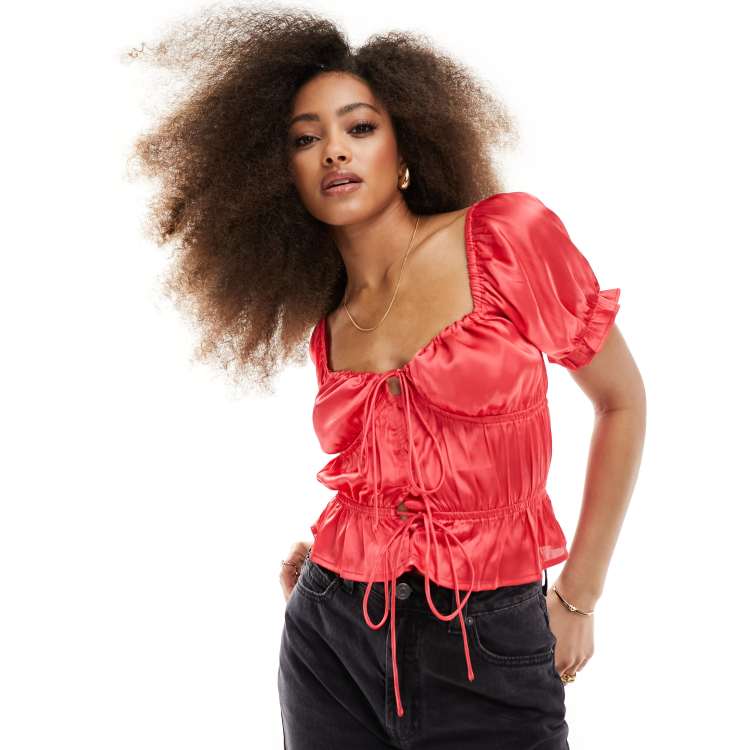 ASOS DESIGN puff sleeve satin top in red ASOS