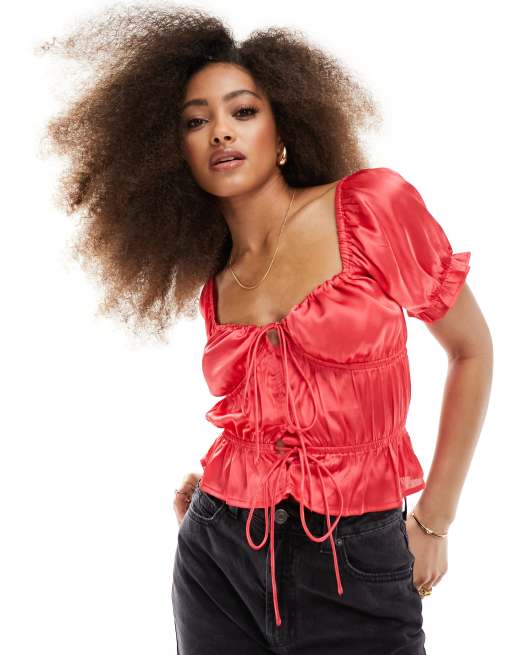 ASOS DESIGN puff sleeve satin top in red | ASOS