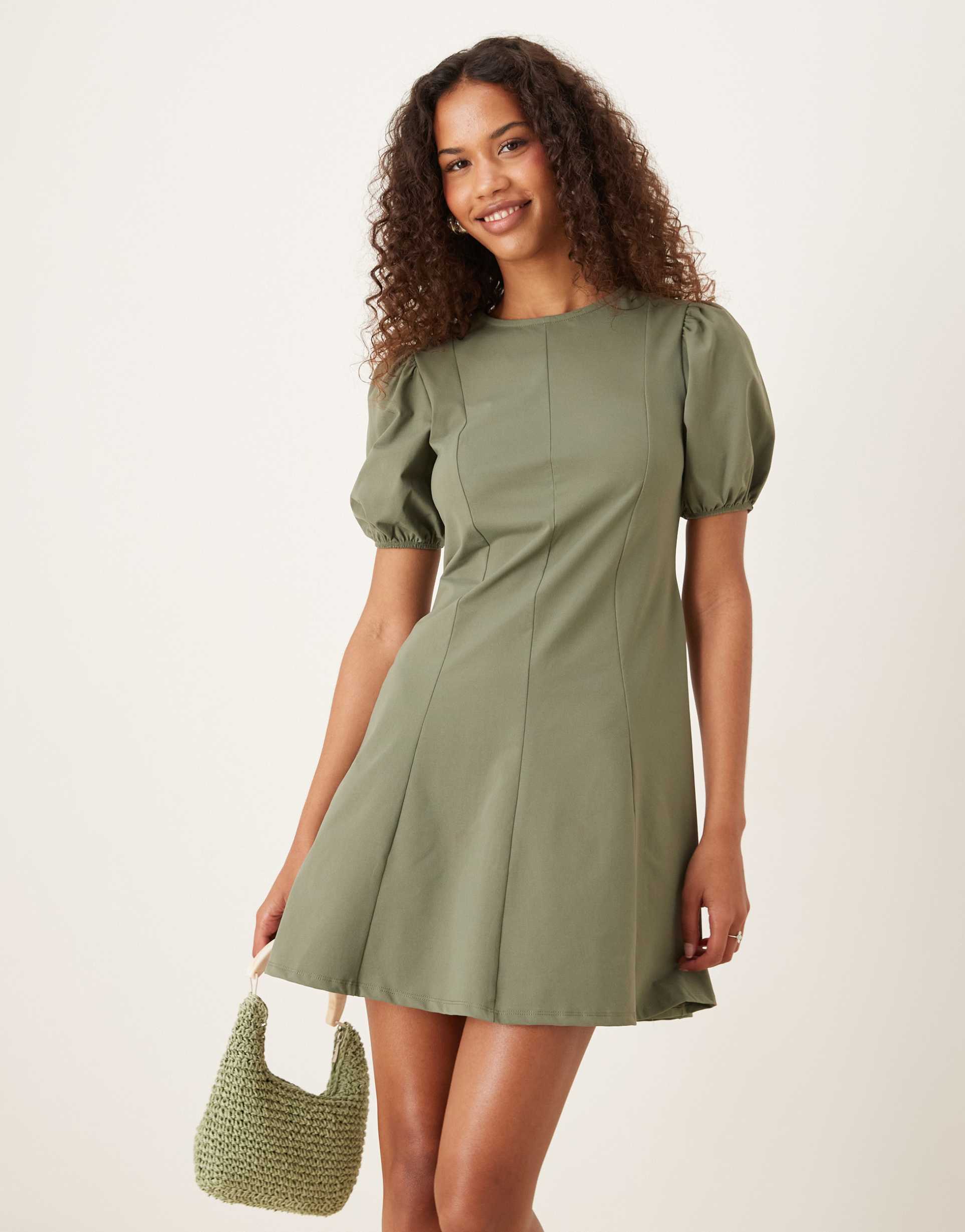 asos design puff sleeve seam detail mini dress in khaki