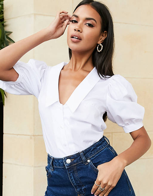 ASOS DESIGN puff sleeve shirt with v neck and collar in ivory
