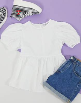 ASOS DESIGN puff sleeve smock cotton tee in ivory-White