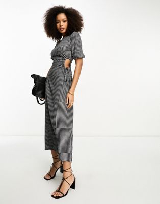 Asos Design Puff Sleeve Smock Midi Dress With Cut Out Side In Mono Check-multi