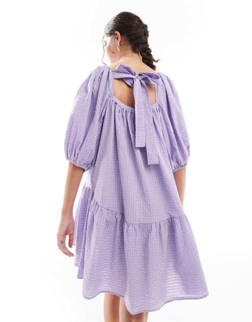 ASOS DESIGN puff sleeve smock mini dress in lilac gingham