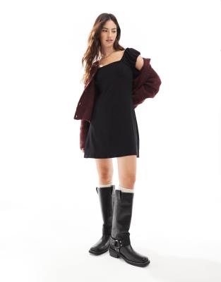 Shop Asos Design Puff Sleeve Square Neck Mini Dress In Black