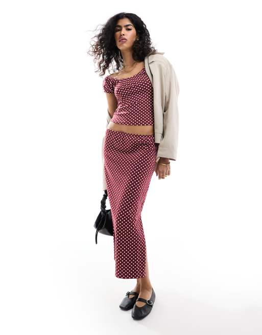 ASOS DESIGN puff sleeve sun top co-ord in burgundy polka dot, 4 of 4