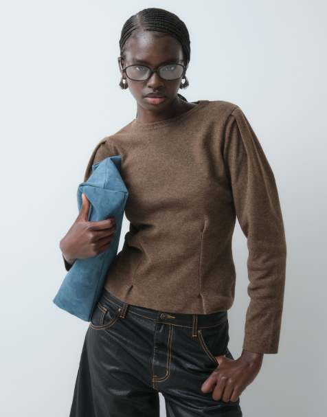 ASOS DESIGN puff sleeve sweater with pleated hem in brown - view 1