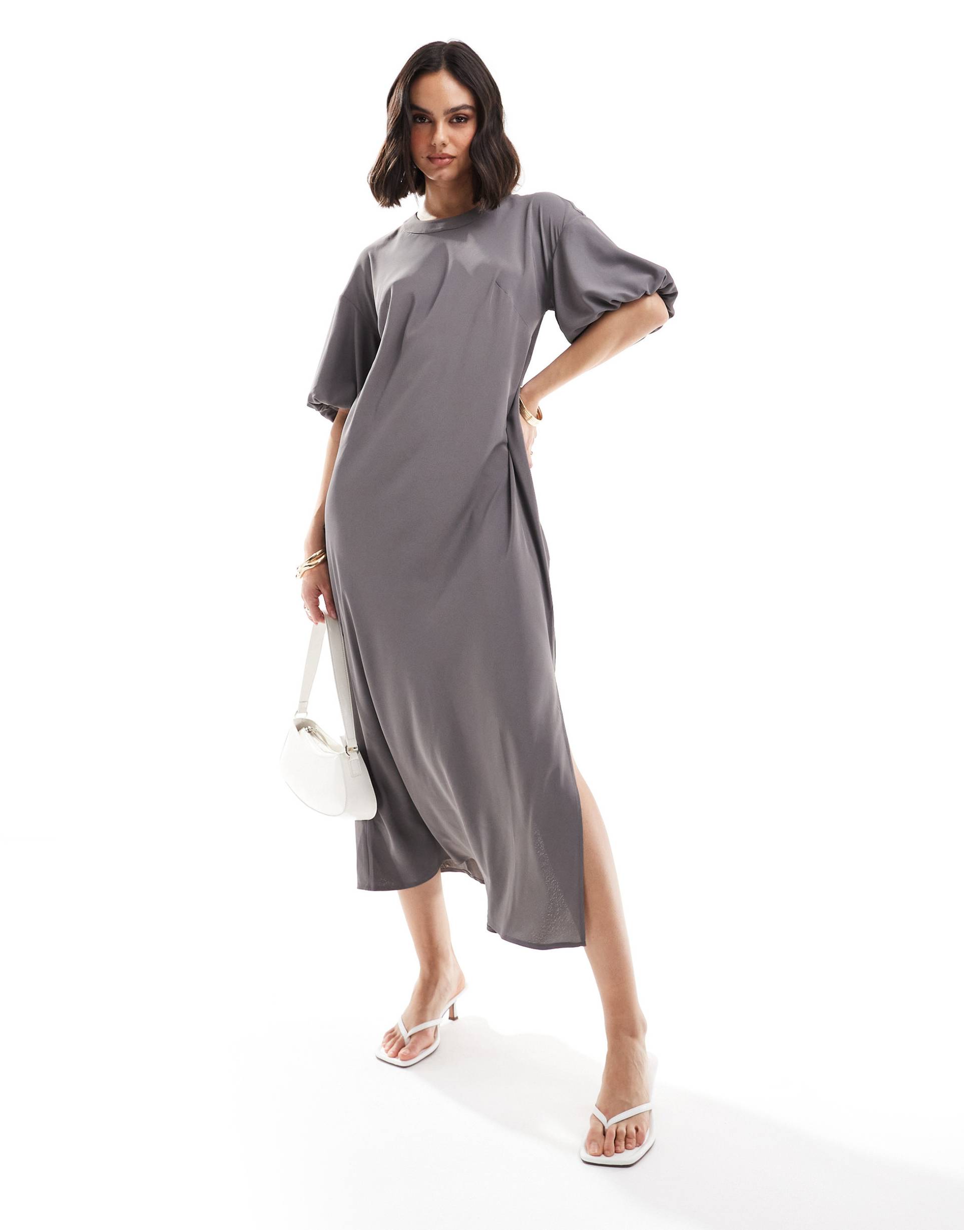 asos design puff sleeve t-shirt midi dress in slate blue