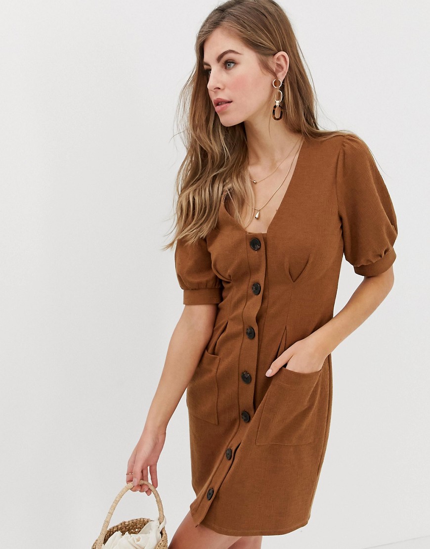 ASOS DESIGN puff sleeve textured dress with faux horn buttons-Brown