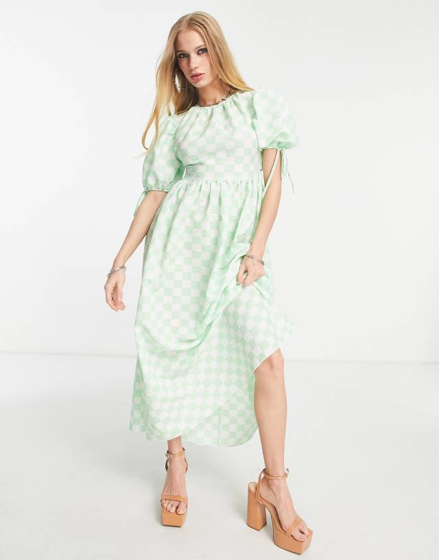 ASOS DESIGN puff sleeve textured open back midi dress in gingham