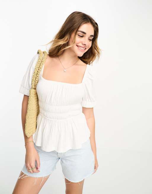 ASOS DESIGN puff sleeve textured smock blouse in white ASOS