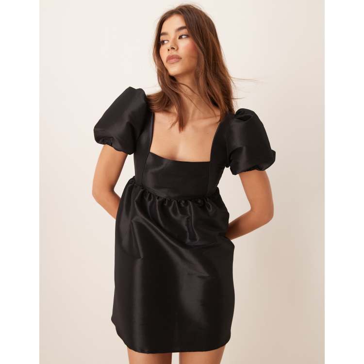 asos black puff sleeve dress DESIGN tie back mini in Featuring a square neck Seersucker Efsteb Dresses for Women Pre-Set Configuration:Bed