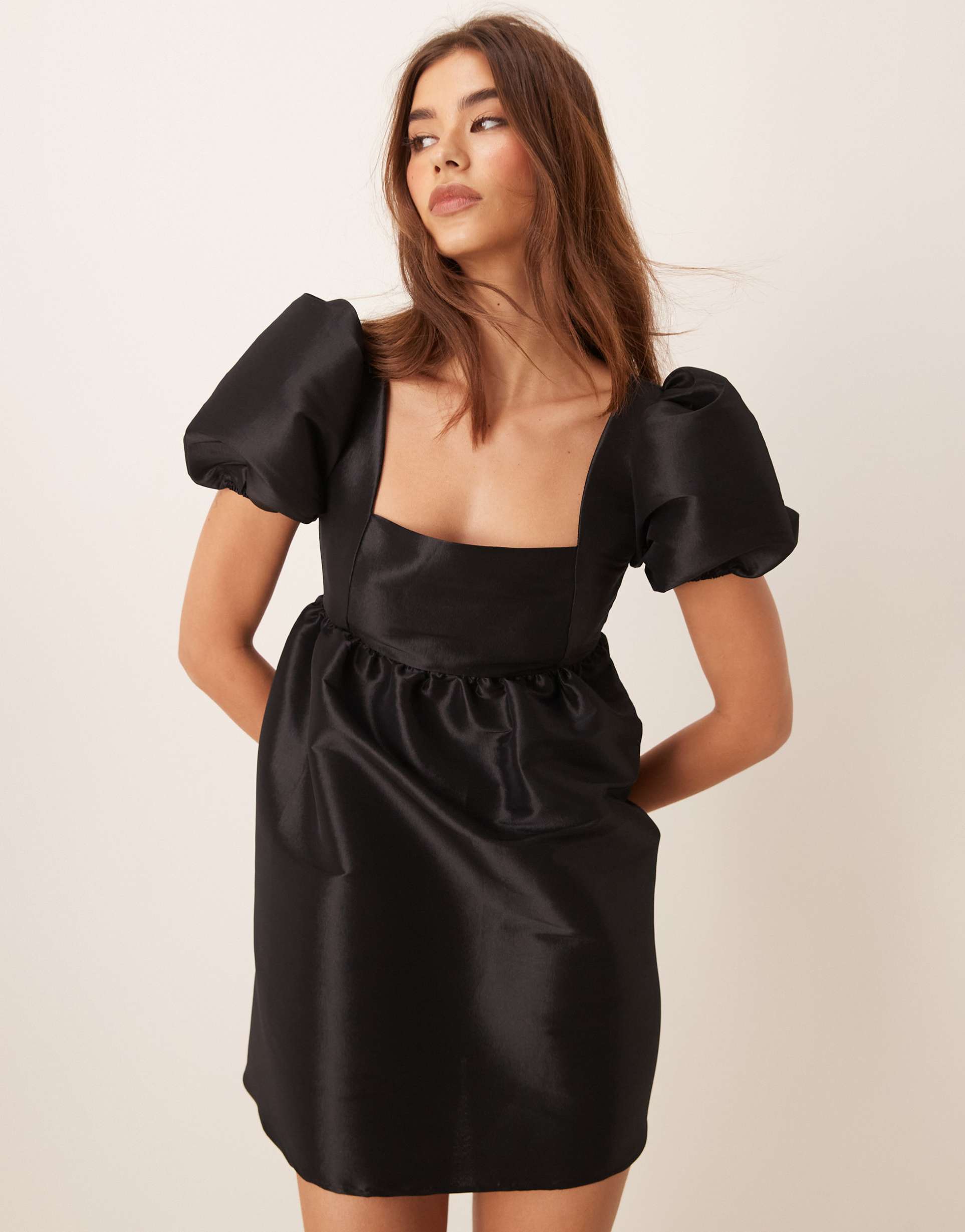 asos design puff sleeve tie back mini dress in black