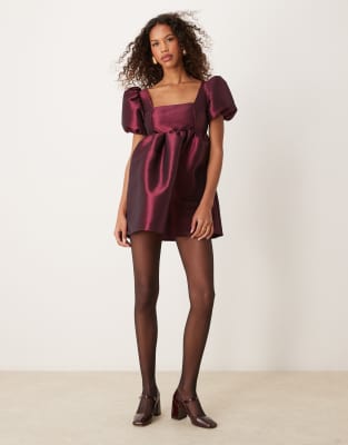 Asos Design Puff Sleeve Tie Back Mini Dress In Burgundy Taffeta - Asos Mini Dress New In 29th October 2024