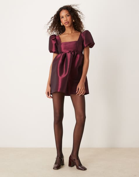 ASOS DESIGN puff sleeve tie back mini dress in burgundy taffeta