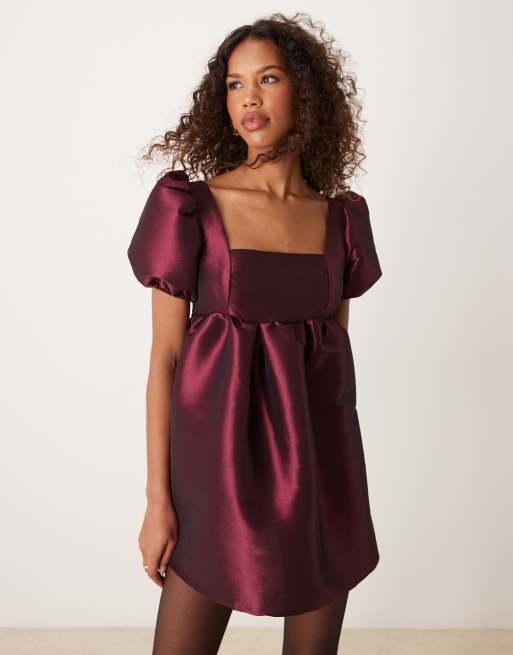 ASOS DESIGN puff sleeve tie back mini dress in burgundy taffeta ASOS