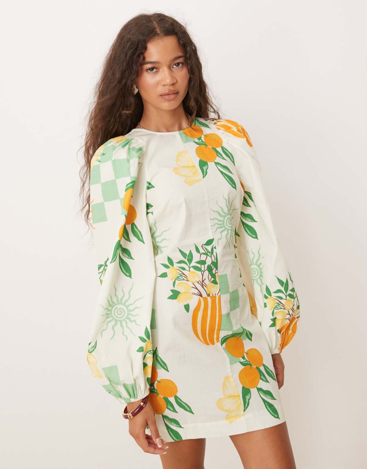 ASOS DESIGN puff sleeve tie back mini dress in summer print