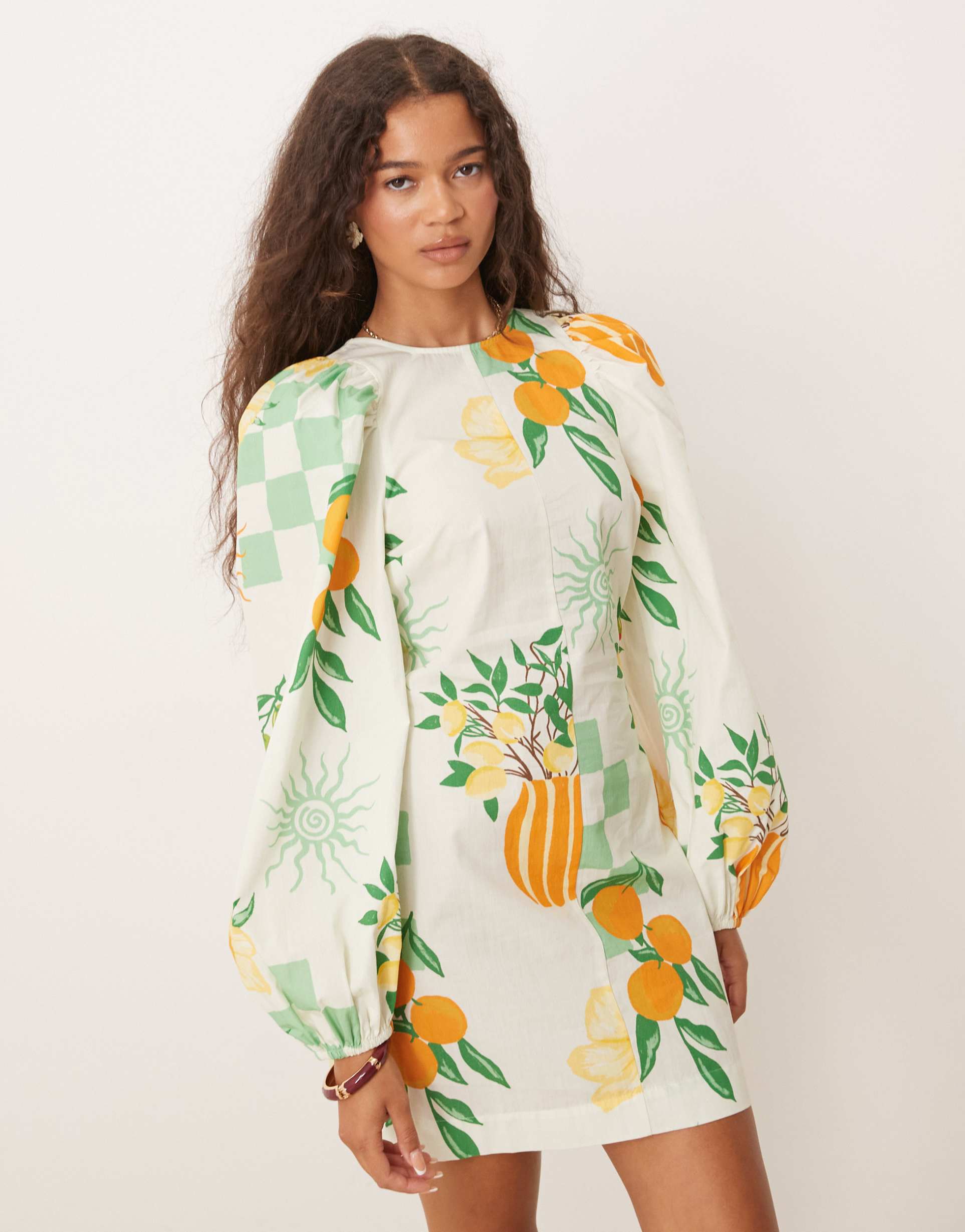 asos design puff sleeve tie back mini dress in summer print