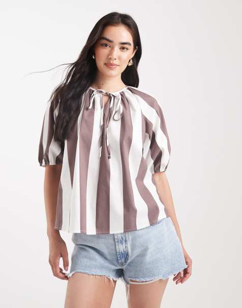 ASOS DESIGN puff sleeve tie detail blouse in stripes - view 1