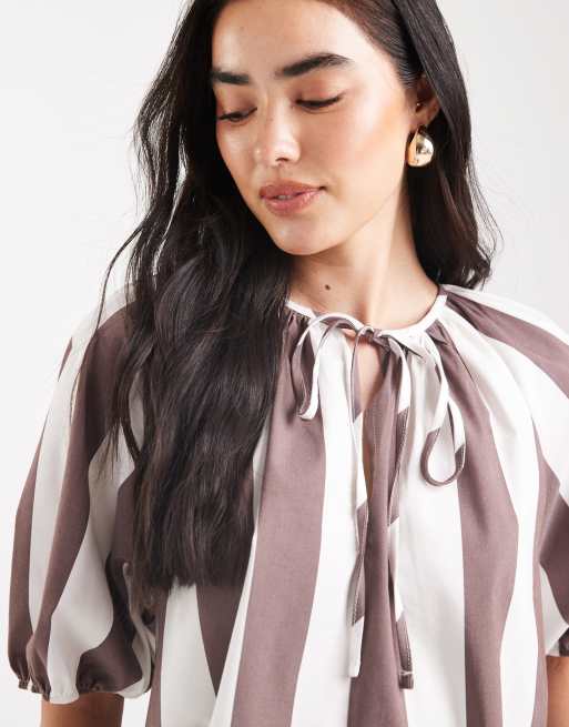 ASOS DESIGN puff sleeve tie detail blouse in stripes, 4 of 4