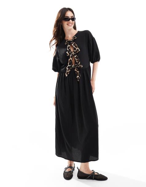 ASOS DESIGN puff sleeve tie front maxi dress in black - view 1
