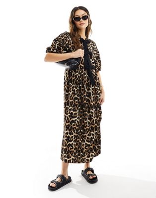 ASOS DESIGN puff sleeve tie front maxi dress in leopard print