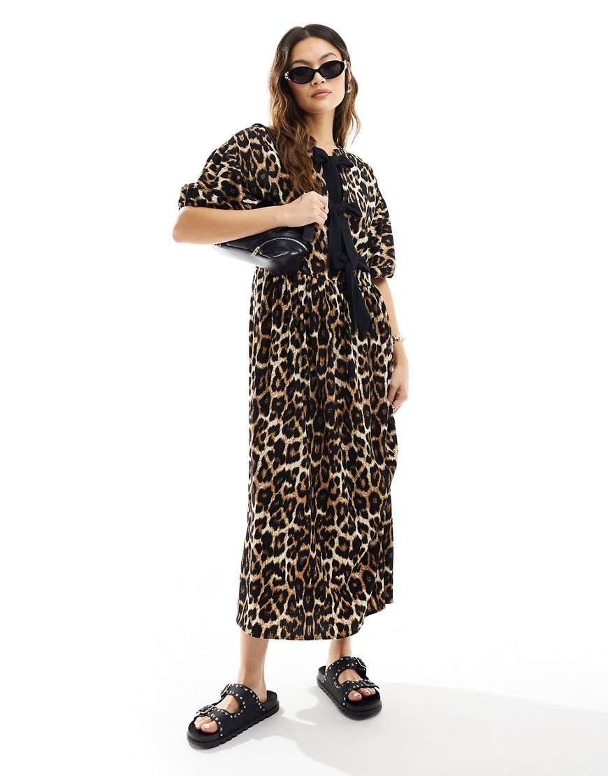 ASOS DESIGN puff sleeve tie front maxi dress in leopard print-Multi