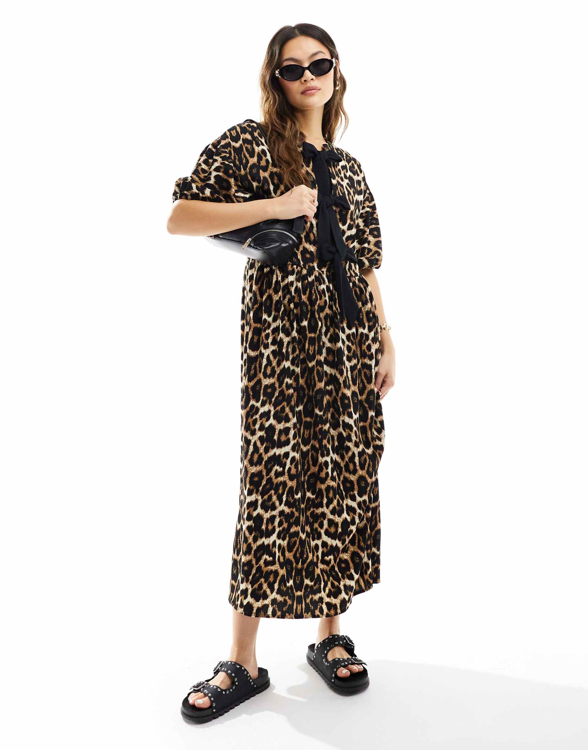 asos design puff sleeve tie front maxi dress in leopard print