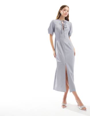 Puff Sleeve Tie Front Slit Midi Dress main image 0