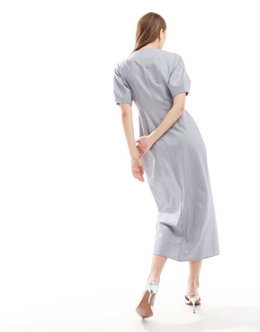 asos puff sleeve midi dress ASOS Design Puff Sleeve Button Down Midi Dress in chocolate-Brown