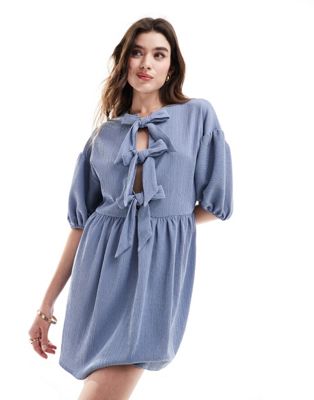 Asos Design Puff Sleeve Tie Front Mini Dress In Denim Blue