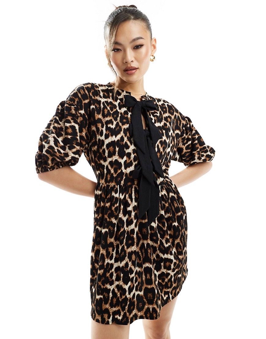 ASOS DESIGN puff sleeve tie front mini dress in leopard print-Multi
