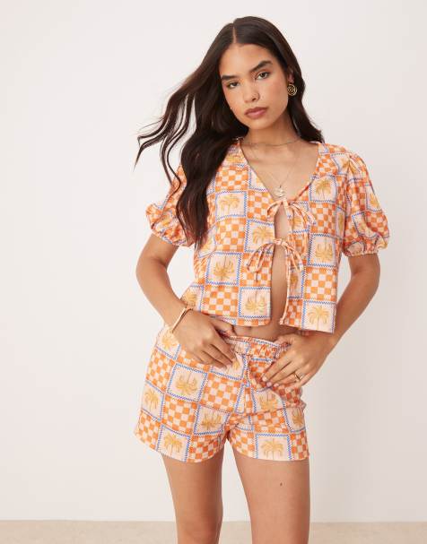 ASOS DESIGN puff sleeve tie front top in palm tree holiday print (part of a set) - view 1