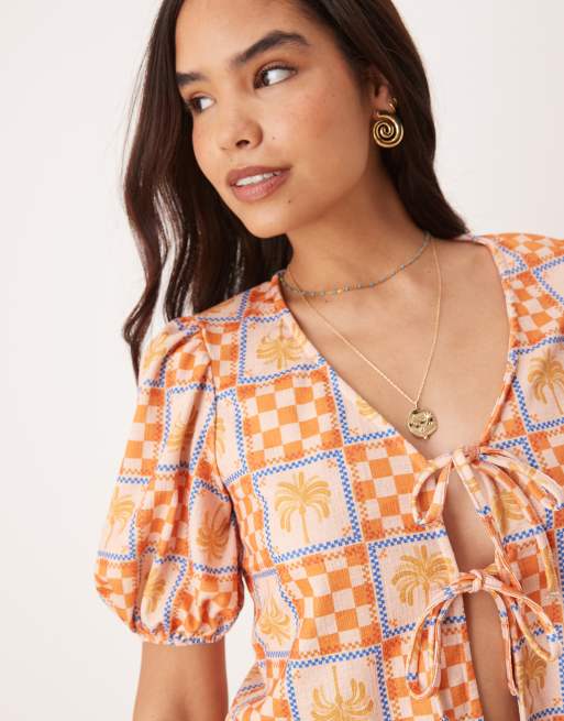 ASOS DESIGN puff sleeve tie front top in palm tree vacation print - part of a set, 3 of 4
