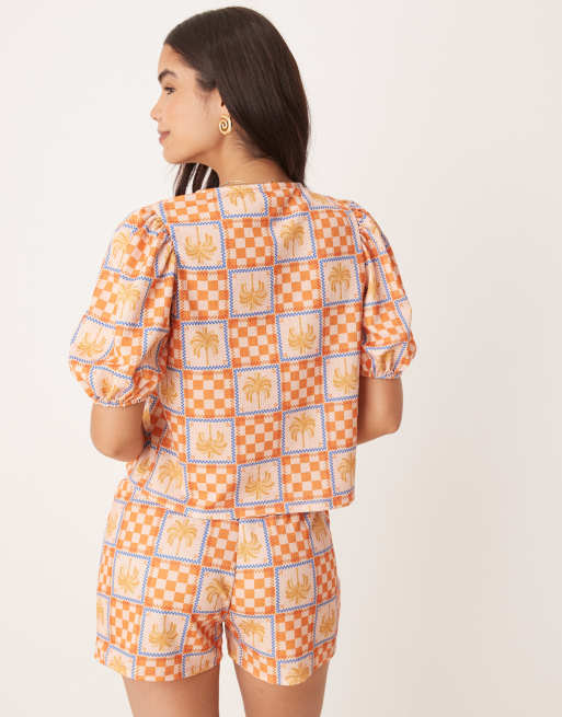 ASOS DESIGN puff sleeve tie front top in palm tree vacation print - part of a set, 4 of 4