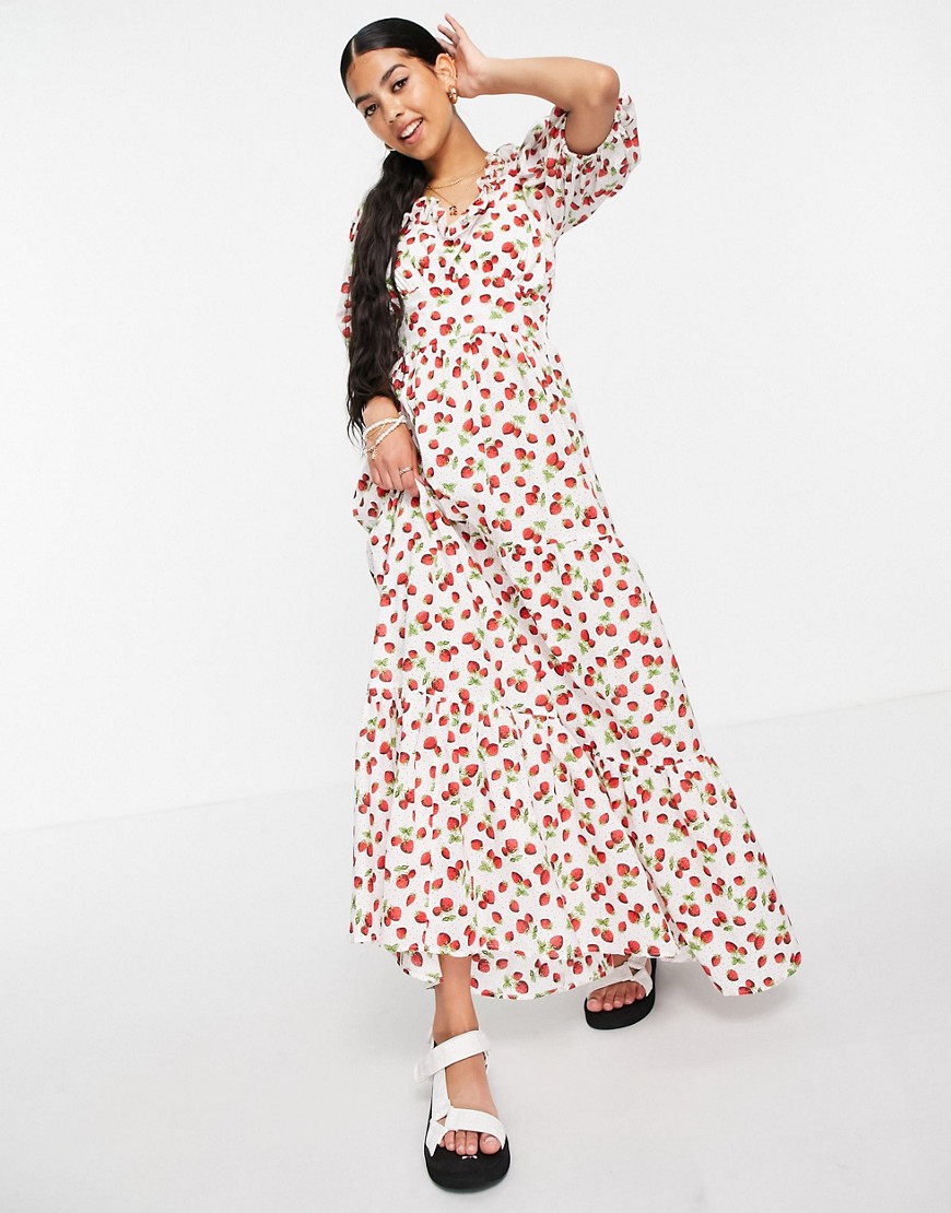 ASOS DESIGN puff sleeve tiered maxi dress in strawberry print-Multi