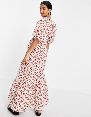 ASOS DESIGN puff sleeve tiered maxi dress in strawberry print | ASOS