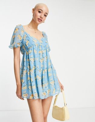 ASOS DESIGN puff sleeve tiered smock playsuit in blue floral  - ASOS Price Checker