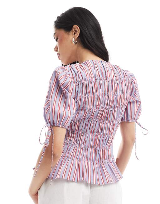 ASOS DESIGN puff sleeve top with shirring detail in stripe