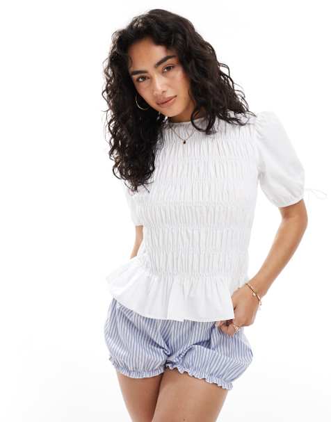ASOS DESIGN puff sleeve top with shirring detail in white - view 1