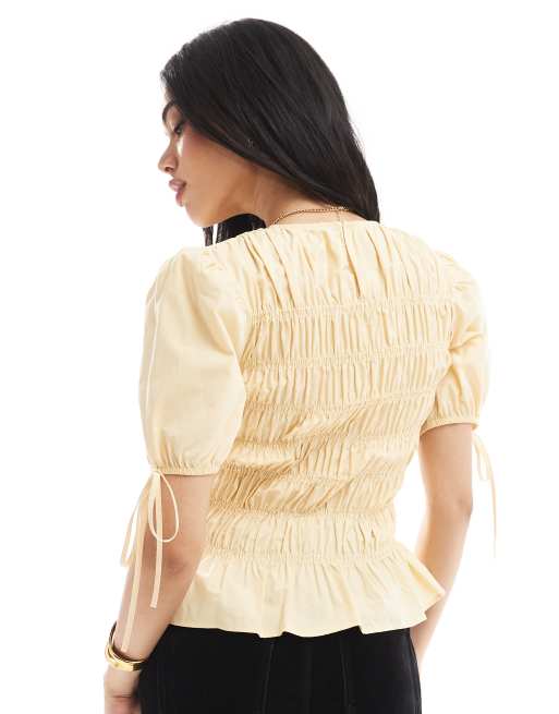 ASOS DESIGN puff sleeve top with shirring detail in yellow