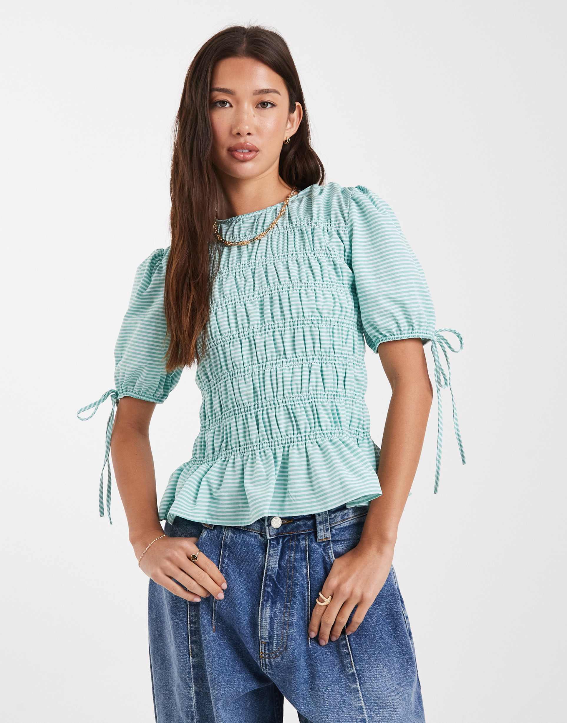 asos design puff sleeve top with shirring details in green stripes