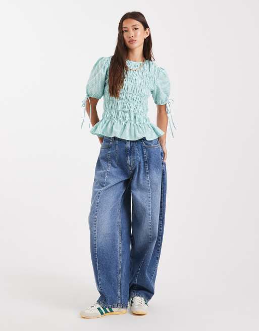 ASOS DESIGN puff sleeve top with shirring detail in green stripe